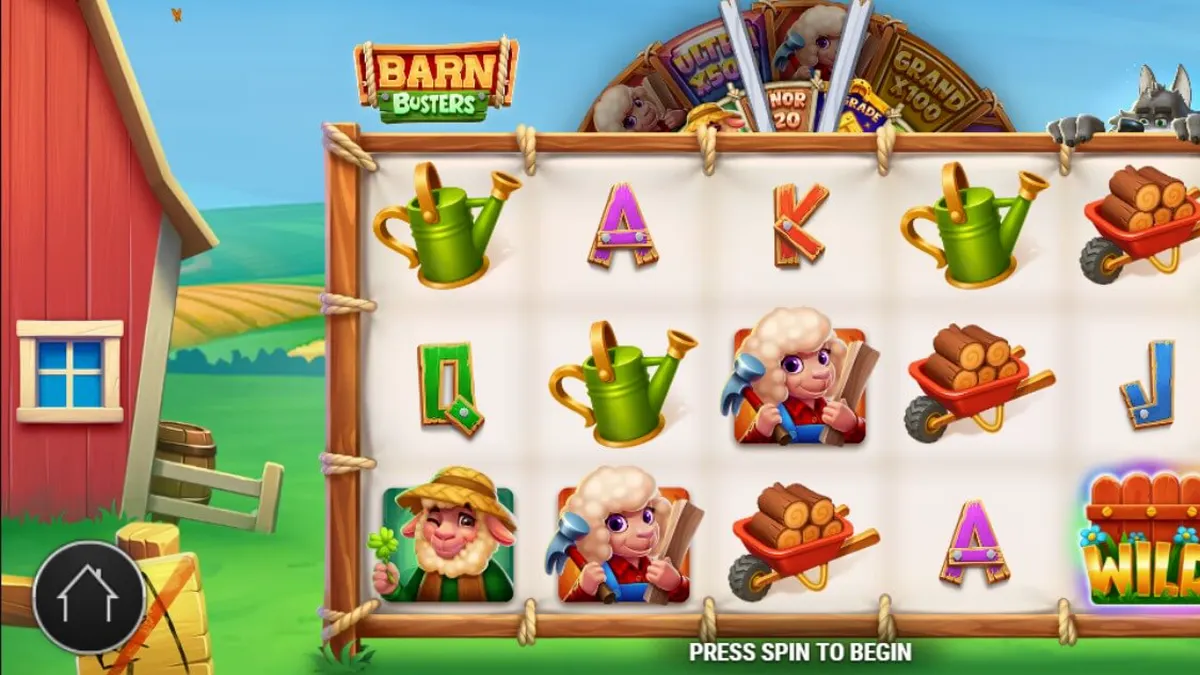 Tampilan visual slot Barn Busters dengan tema peternakan yang ceria